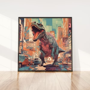 Jurassic T Rex Digital | Art Urban Predator| Hunting Vintage Retro | City Prehistoric Wildlife | Poster Wall Art  Instant Digital Download