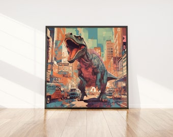 Jurassic T Rex Digital | Art Urban Predator| Hunting Vintage Retro | City Prehistoric Wildlife | Poster Wall Art  Instant Digital Download