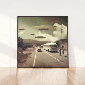 Kunst Digital Vintage Alien Ankunft Foto Retro UFO Cosmic Poster SciFi Celestial Encounters Wandkunst Sofortiger Download Science Fiction Poster
