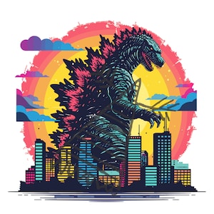 Pode incluir: Uma ilustração digital de um monstro parecido com Godzilla em pé na frente de um horizonte urbano. O monstro é azul e preto com espinhos vermelhos nas costas. A cidade está silhuetada contra um pôr do sol colorido.
