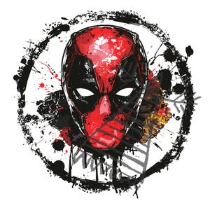 Może przedstawiać: Czarno-czerwona ilustracja maski Deadpoola w kółku na czarno-białym tle z rozbryzgami.