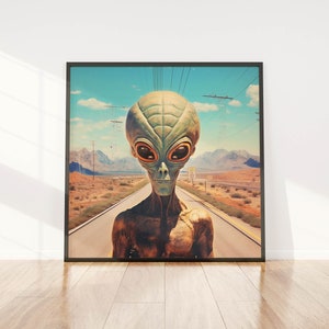 Portret obcego w stylu vintage | Cyfrowa sztuka Kosmiczne spotkania | Retro kosmiczna sztuka UFO | Plakat SciFi Obcy Science Fiction Retro sztuka Pobierz
