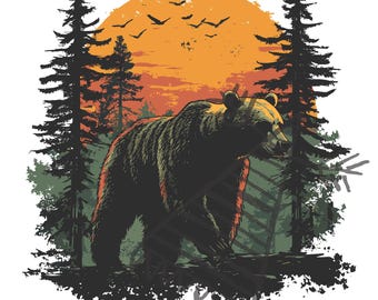 Forest Sunset Bear Design: Wildlife Scene Art (SVG, PNG, PSD)