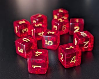 Titan Game Dice 16mm Red with Gold Numbers 10 pcs