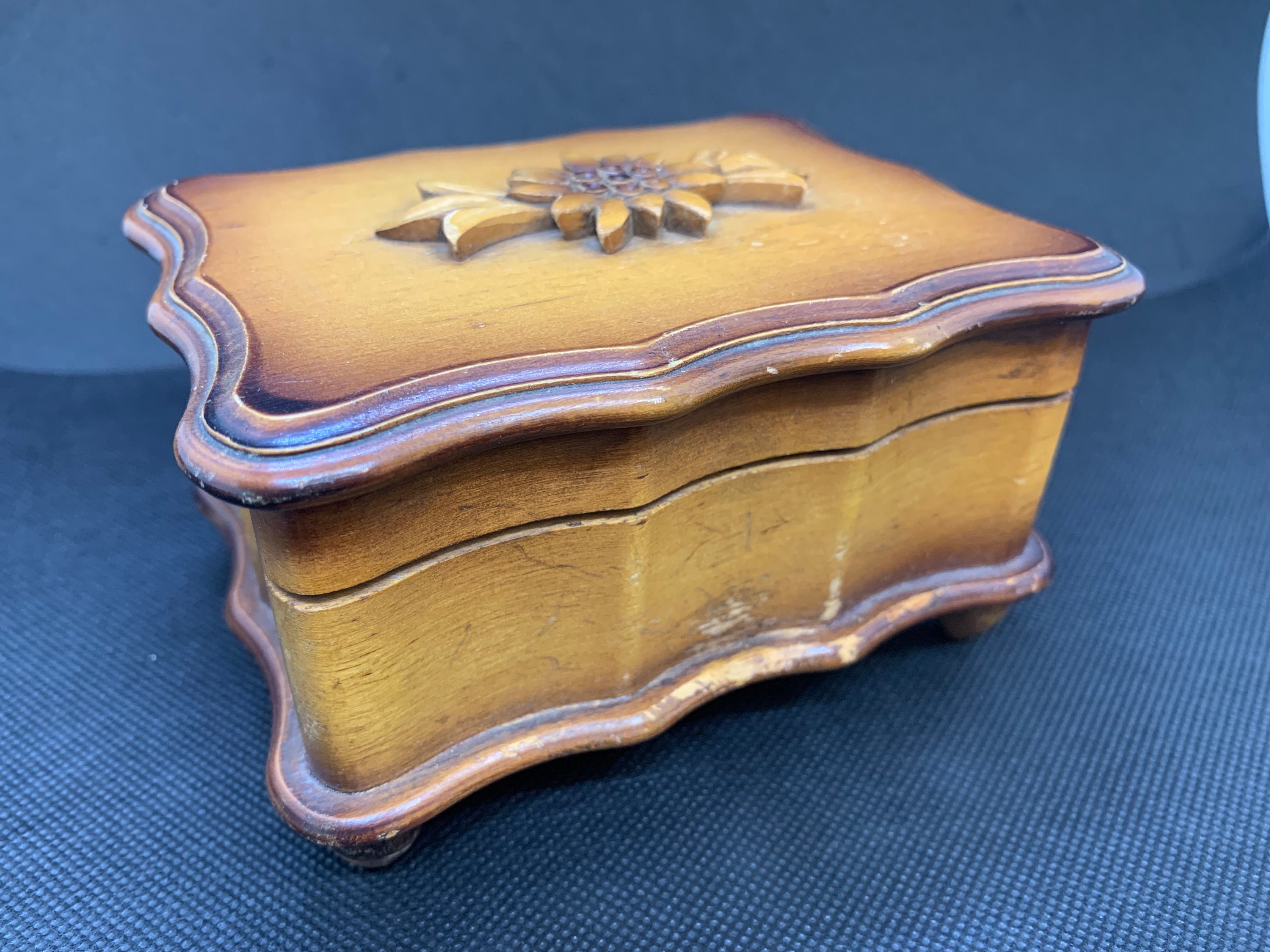 Vintage Hand Carved Wooden Musical Box with Raised Flower Etsy