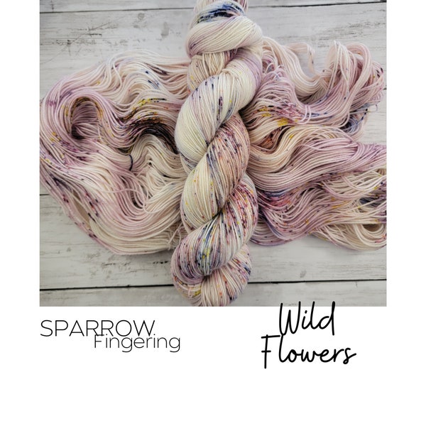 Sparrow Wild Flowers, Hand Dyed, Fingering Weight, Speckle Yarn, Superwash Sock Merino Wool