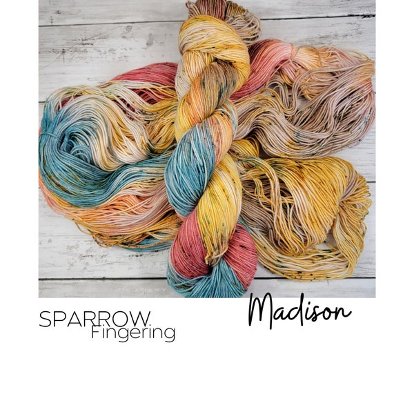 Sparrow Madison, Hand Dyed Yarn, Fingering Weight, Speckle Yarn, Superwash Sock Merino Wool