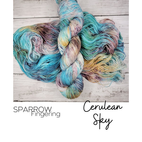 Sparrow Cerulean Sky, Hand Dyed Yarn, Fingering Weight, Speckle Yarn, Superwash Sock Merino Wool