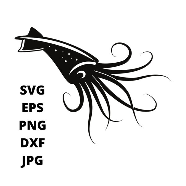 Black White Squid SVG Clipart, Cephalopod Image Digital Download, Cute Squid Eps Png Dxf Printable, Squid Vector Files, Sea Life Cut File