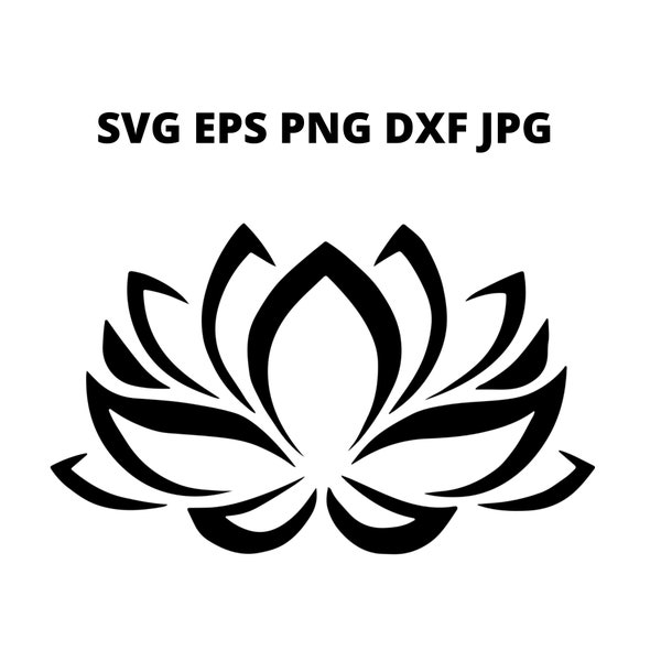 Clipart SVG fleur de lotus noir et blanc, téléchargement numérique de l'image silhouette fleur de lotus, fleur de lotus Eps Png Dxf fichiers vectoriels imprimables