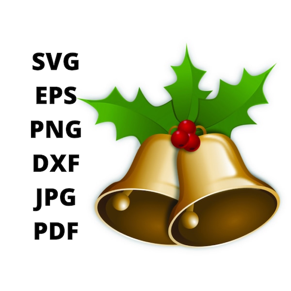 Gold Christmas Bells SVG Clipart, Jingle Bell Digital Download, Xmas Tree Decoration Eps Png Dxf Printable, Mistletoe Vector Files