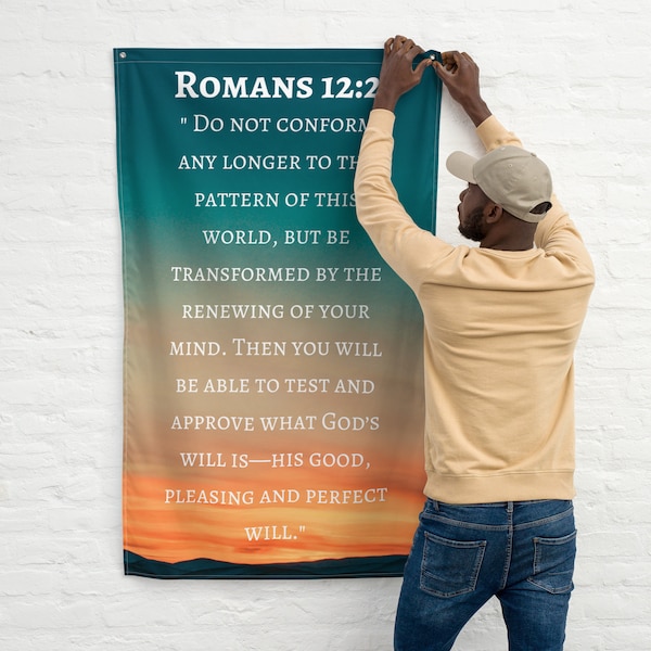 Large Romans 12:2 Bible Verse Fabric Banner, Vertical Fabric Religious Poster, Catholic Quote Welcome Sign, Educational Words Hanging Flag