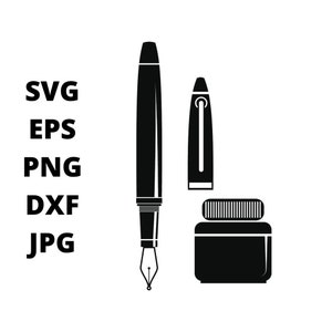 Black And White Fountain Pen SVG Clipart, Ink Bottle Digital Download, Inkwell Writing Tool Eps Png Dxf Printable, Writer Vector Files