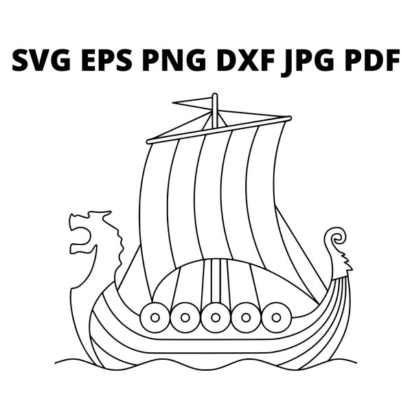 Black And White Viking Ship SVG Clipart, Vikings Digital Download, Historical Boat Eps Png Dxf Printable, Longboat Vector Files