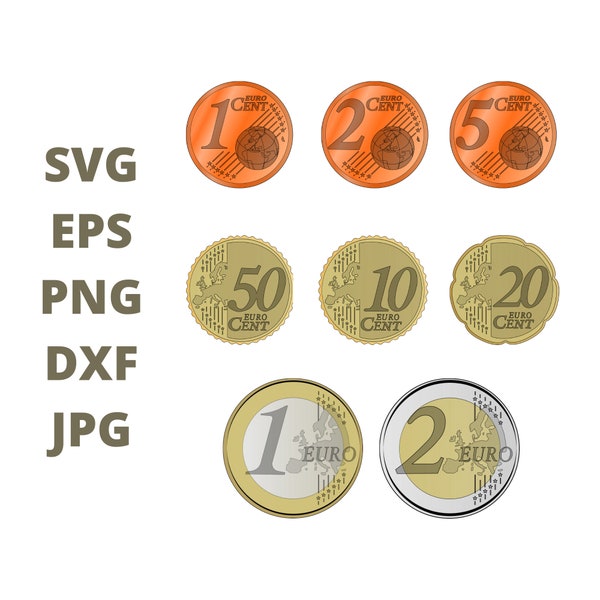 Euro Coins Bundle SVG Clipart, Alle Euro Münzen Set Bild Digital Download, Euro Münzen Pack Eps Png Dxf Druckbar, Euro Münzen Vektor Dateien