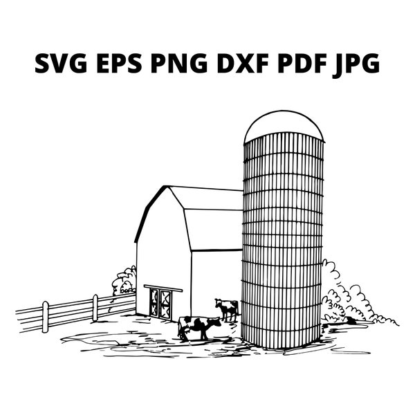 Farm Silo SVG Clipart, Farm Building Line Drawing Image Digital Download, Farm Silo Eps Png Dxf Printable, Farm Yard Shed Vector Files