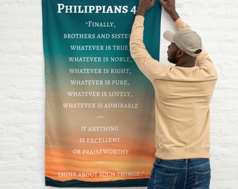 Large All Over Print Philippians 4:8 Bible Verse Banner, Biblical Book Psalm Fabric Poster, God Words Hanging Church Sign, Love Faith Flag