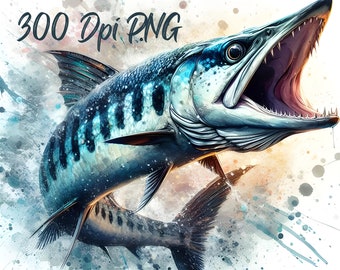 Attacking Barracuda Fish PNG Clipart, Watercolor Barracuda Fishing Angler PNG Download, Attacking Barracuda Strike Printable