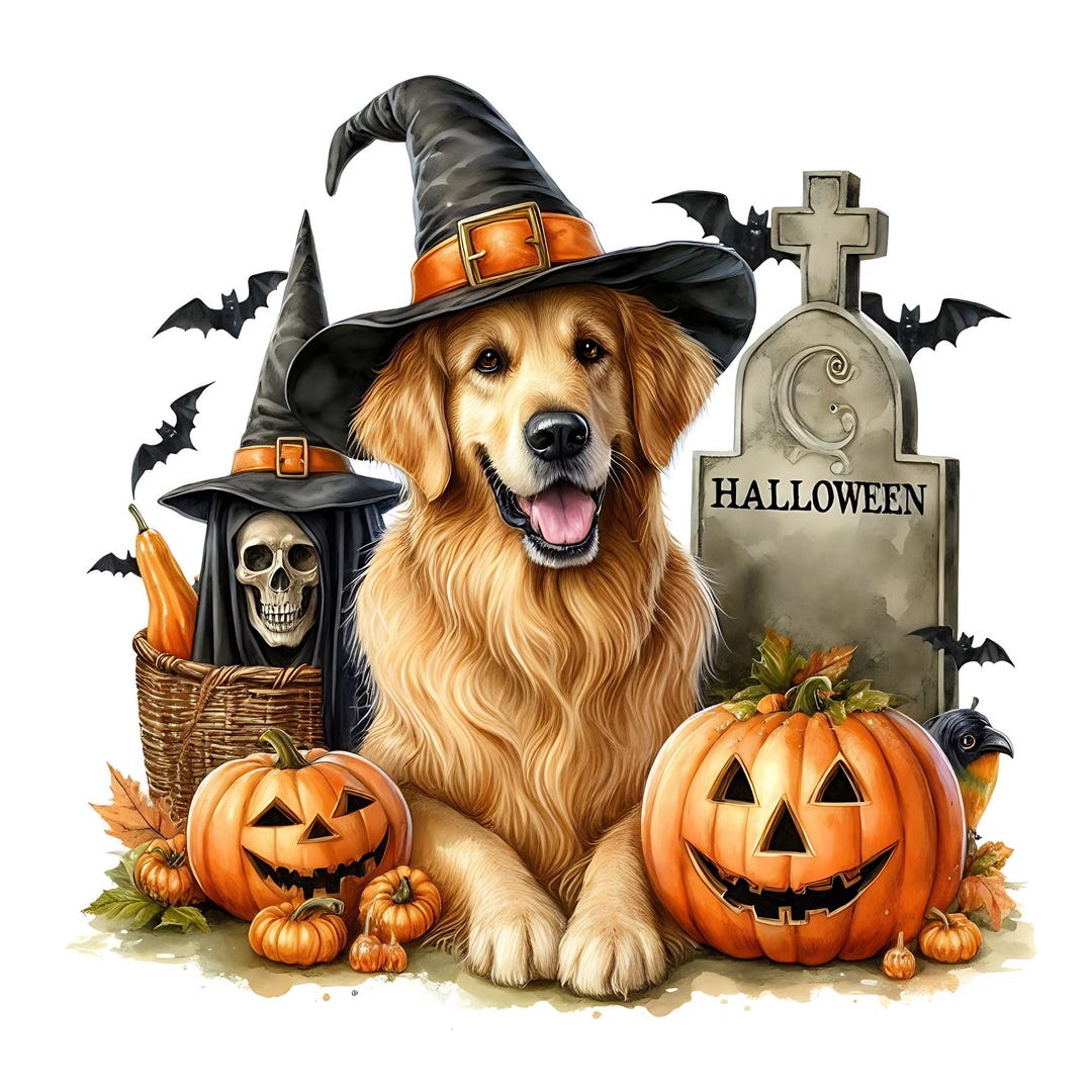 Halloween Golden Retriever PNG Clipart, Cute Pumpkin Puppy Illustration ...