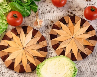 Eco Friendly Wooden Trivet Set. 2 Non-Toxic Natural Wood Hot Pads for Counter and Table. Natural Wood Trivet Mat. Sustainable Kitchen Decor.