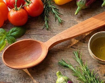 Non-Toxic Wooden Cooking Spoon 14". Deep Scoop Natural Beechwood Spoon with a Long Handle. Useful Kitchen Gift. Nonstick and Cast Iron Safe