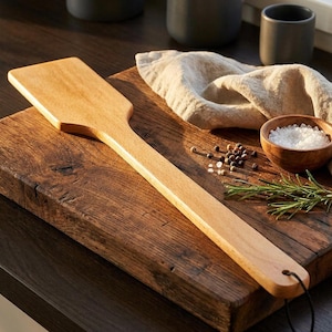 May include: A light brown wooden spatula with a flat, rectangular head and a long, straight handle. The handle features a small circular hole at the end with a thin black cord attached for hanging, showcasing a smooth, natural wood grain finish.