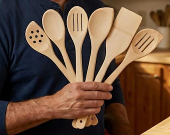Wooden Cooking Utensil Set Gift. 6 Natural Wood Spoons. Housewarming Kitchen Gift | Beechwood Cooking Tools | Non-Toxic Handmade Spatula Set