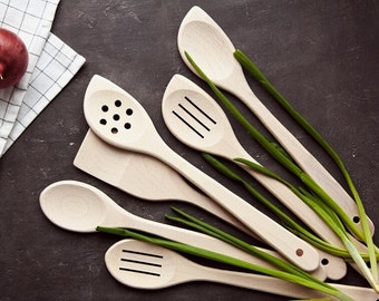 Handmade Wooden Spoons For Cooking 6 pcs - Premium Wood Utensils Set for Kitchen – 100% Natural Wood Spatula & Spoons for Nonstick Cookware