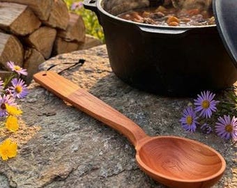 14'' Large Wooden Spoon with Deep Scoop. Heavy Duty Long Handle Cooking Spoon. Nonstick Safe Solid Stirring Spoon for Soups, Stews, Sauces.
