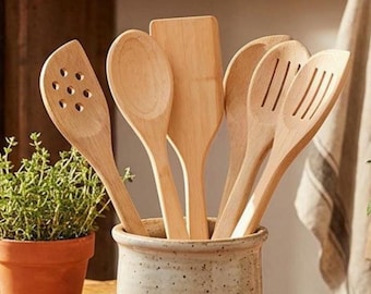Wooden Spoons for Cooking Set of 6 | Natural Beechwood Kitchen Utensils | Nonstick Safe Spoon Set | Solid Hardwood Spatula | Kitchen Gift