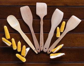 Nonstick Wooden Spoons For Cooking – 5 Premium Hard Wood Cooking Utensils - 100% Healthy and Natural Wooden Spatula Set - Strong Solid Wood.
