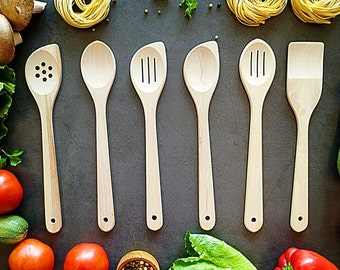 Handmade Wooden Spoons Set of 6 - 100% Natural Wood Spoons For Cooking, Premium Kitchen Utensils Set – Nonstick Safe Wood Spatula & Spoons