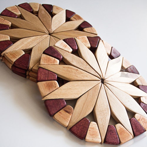 Festive Design Handmade Hot Plate Trivet Pot Holder Set of 2. Wood