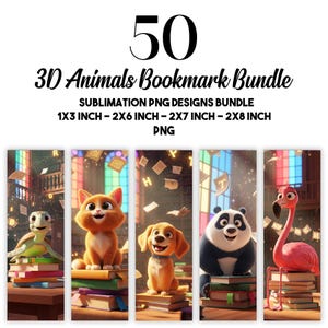 50 3D Dieren Boekenleggers PNG Bundel, Schattige Kat Hond Beer Konijn Ontwerpen Printbare Boekenlegger Sublimatie voor Kinderen, Volwassenen