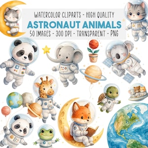 50 Acquerello Animali Astronauti Clipart PNG Bundle, Dolci Animali Spaziali, Pianeti Arte da Parete Nursery Decorazioni, Download Istantaneo