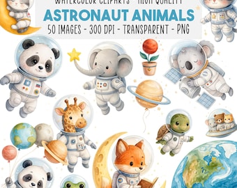 50 Watercolor Astronaut Animals Clipart PNG Bundle, Cute Space Animals, Planets, Nursery Wall Art, Birthday Party Decor, Instant Download