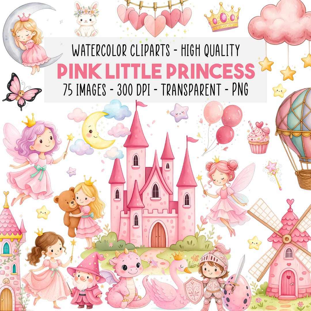 75 Cute Pink Princess Clipart PNG Set, Watercolor Princess, Prince ...