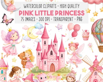75 Cute Pink Princess Clipart PNG Set, Watercolor Princess, Prince, Unicorn, Castle, Baby Shower, Nursery, Magic Kingdom, Instant Download