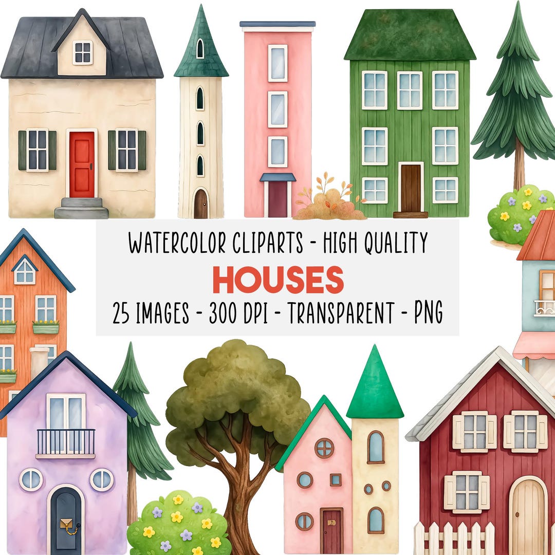 25 Cute Houses Watercolor Clipart Bundle, Quaint Village, Cottage PNG ...