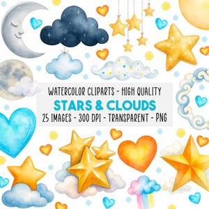 May include: Watercolor clip art featuring celestial elements. The image includes a crescent moon, stars, clouds, and hearts in shades of blue, yellow, and orange. Text on the image reads "STARS & CLOUDS".