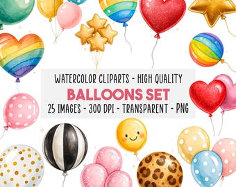 25 Balloons Clipart Bundle PNG, Heart Glitter Balloons, Birthday Party Art, Baby Shower Decorations, Rainbow Balloon Set, Instant Download