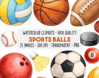 25 Sports Balls Clipart Bundle PNG, Watercolor Sports Balls, Soccer, Basketball, Baseball, Golf, Tennis, Commercial Use, Instant Download