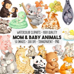 Puede incluir: Clip art de acuarela con varios animales madre y bebé, incluyendo monos, serpientes, koalas, ardillas, vacas, tortugas, murciélagos, mapaches, cerdos, burros, jirafas, cebras, tigres, pandas, osos, elefantes, lobos, patos y zorros. El texto dice "MOM & BABY ANIMALS".