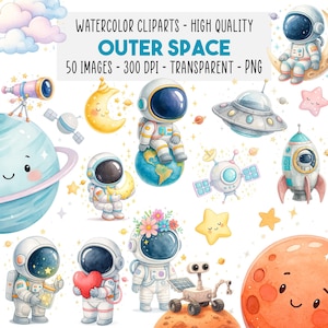 Puede incluir: Conjunto de imágenes prediseñadas de acuarela con elementos del espacio exterior. Incluye astronautas, planetas, un cohete, un OVNI, estrellas y una luna. El texto dice: "WATERCOLOR CLIPARTS - HIGH QUALITY OUTER SPACE 50 IMAGES - 300 DPI - TRANSPARENT - PNG".