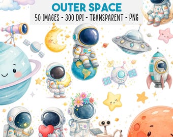 50 Astronaut Space Clipart Bundle, Cute Astronaut Planets PNG, Galaxy Rocket Solar System, Nursery & Birthday Graphics, Instant Download
