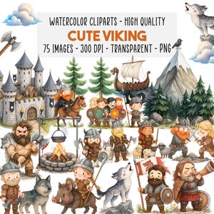 May include: A collection of watercolour clip art featuring cute Viking illustrations. The image includes various Viking characters, a castle, a longboat, wolves, and other related elements. Text on the image reads "CUTE VIKING" and "75 IMAGES - 300 DPI - TRANSPARENT - PNG."