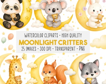 25 Cute Baby Animals on Crescent Moon PNG Clipart, Watercolor Baby Shower, Nursery Stars & Clouds, Toy Bear Digital Art, Instant Download