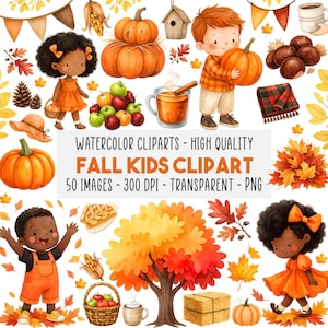 Op de afbeelding: Waterverf illustratie met een herfstthema, met pompoenen, kinderen en herfstbladeren. De afbeelding bevat appels, een boom met herfstkleuren en de tekst "FALL KIDS CLIPART".