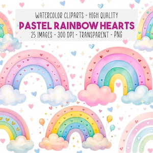 25 Clipart PNG Cuori Arcobaleno Pastello Acquerello, Adorabili Lavoretti Boho per Cameretta e Baby Shower, Stampa Digitale Alta Qualità