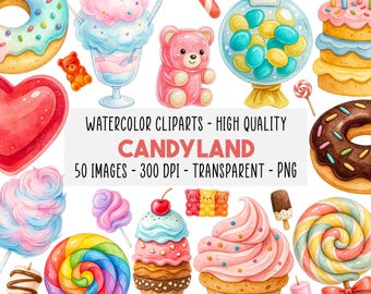 Könnte beinhalten: Aquarell-Cliparts mit verschiedenen Süßigkeiten und Bonbons, darunter Donuts, Eiscreme und Lollis. Das Bild zeigt einen Kaugummiautomaten und den Text "CANDYLAND". Das Set enthält 50 Bilder mit 300 DPI.